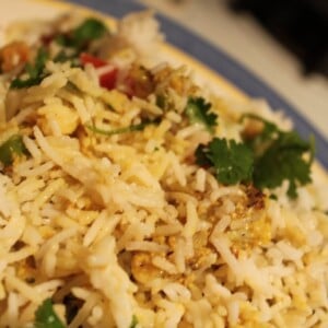 A close up of a plate of mughlai veggie biryani