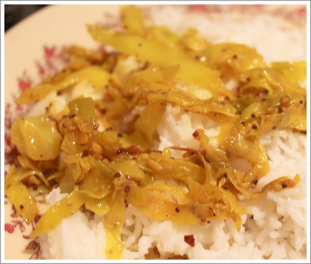 This quick spiced cabbage stir fry is an easy, delicious and healthy main dish. Vegan and Gluten Free Recipe. #glutenfree #veganricha #vegan