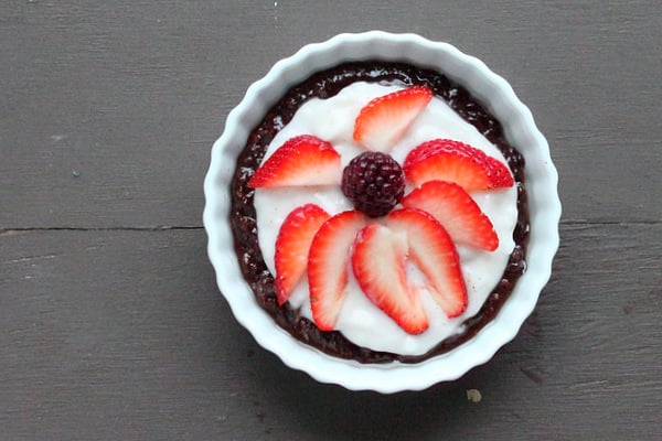 Top down shot of a chocolate cream berry pie