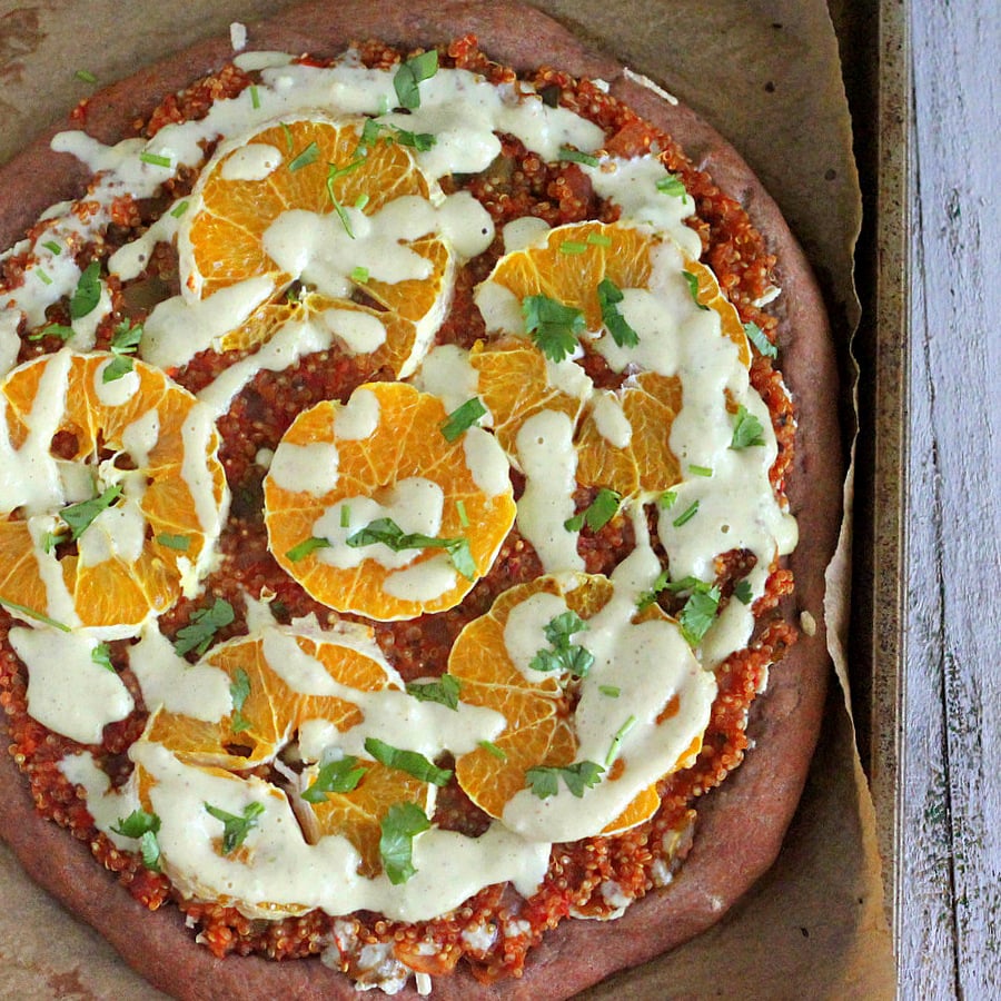 Quinoa Sloppy Joes Pizza with Rye Crust, Orange slices, Jalapeno Aioli | VeganRicha.com Rye Pizza Crust. #vegan #pizza