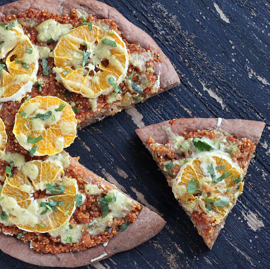 Quinoa Sloppy Joes Pizza with Rye Crust, Orange slices, Jalapeno Aioli | VeganRicha.com #vegan #pizza