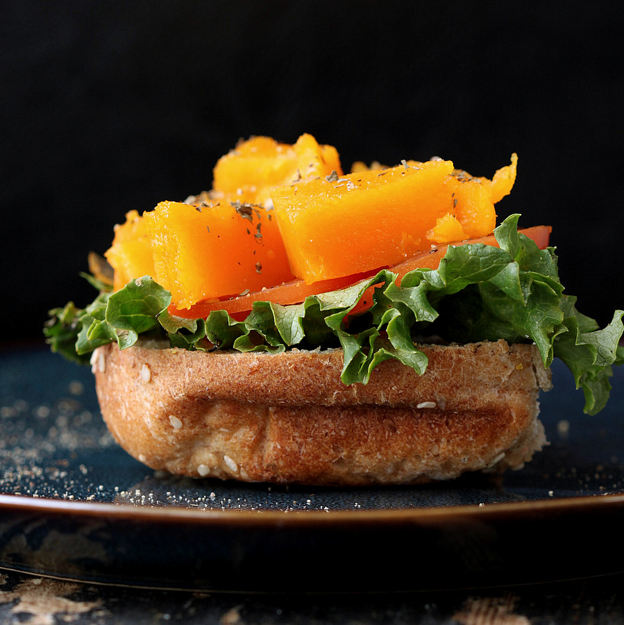 Roasted Butternut Squash Slider with Balsamic Caramelized onions, Sriracha Mayo. Vegan Richa
