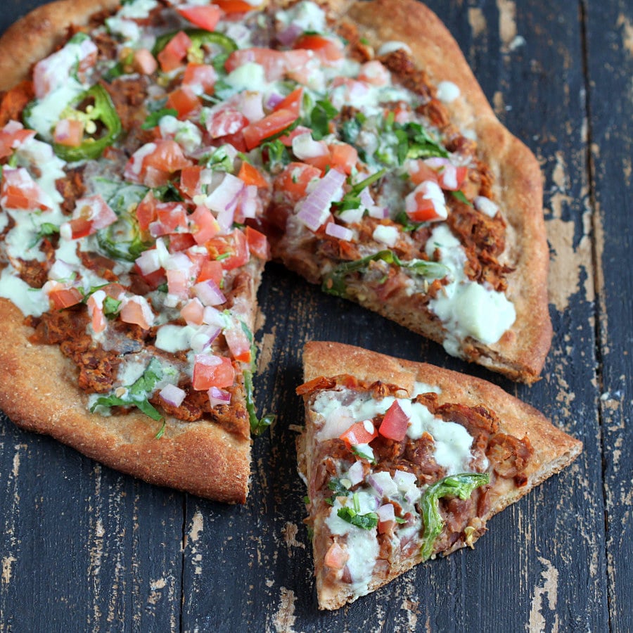 Vegan Mexican Pizza -Chipotle Refried Beans, Pico De Gallo, Lime crema | Vegan Richa 