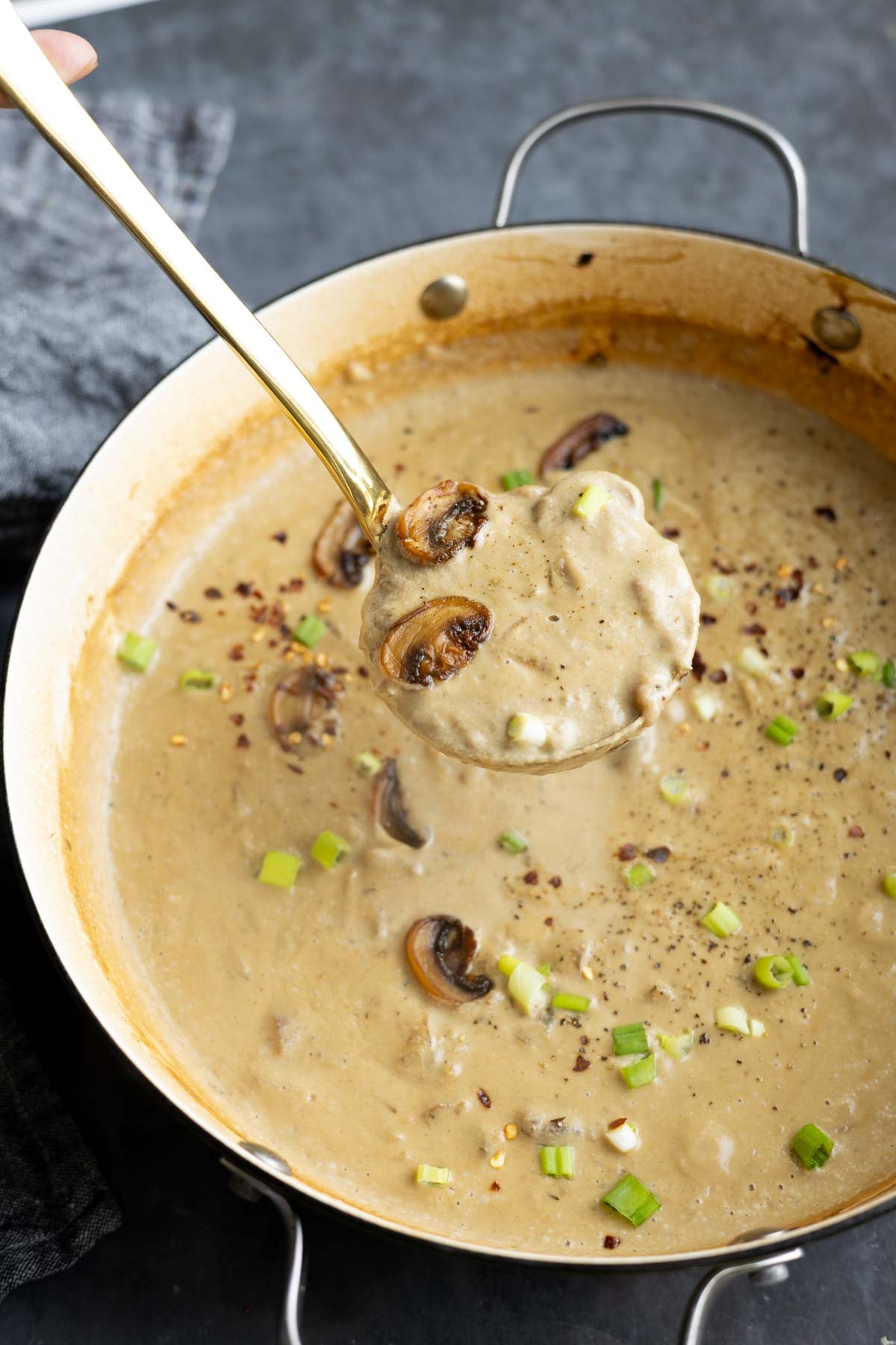 close-up of a ladle serving vegan cream of mushroom soup