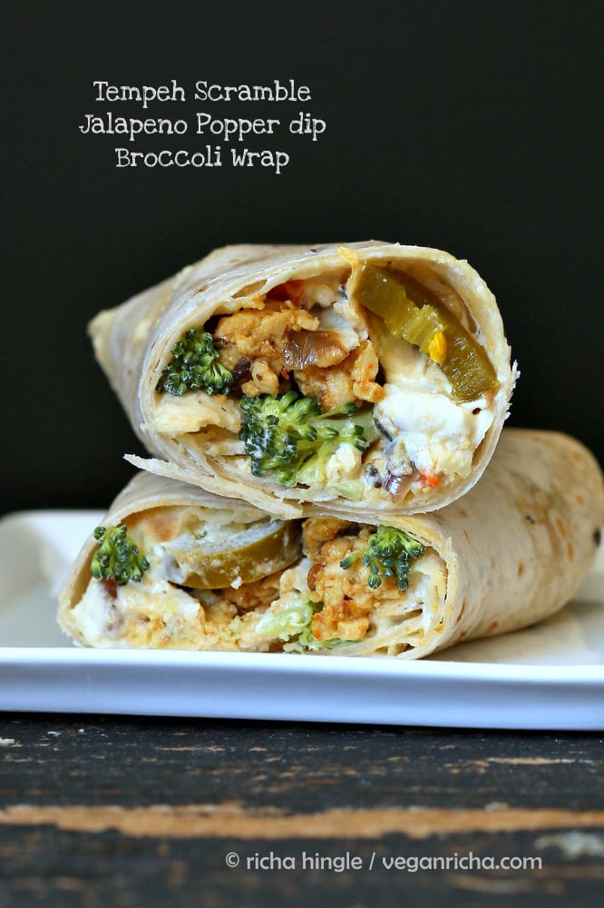 vegan wrap recipe two stacked Tempeh Scramble Jalapeno Popper Dip and Broccoli Wraps