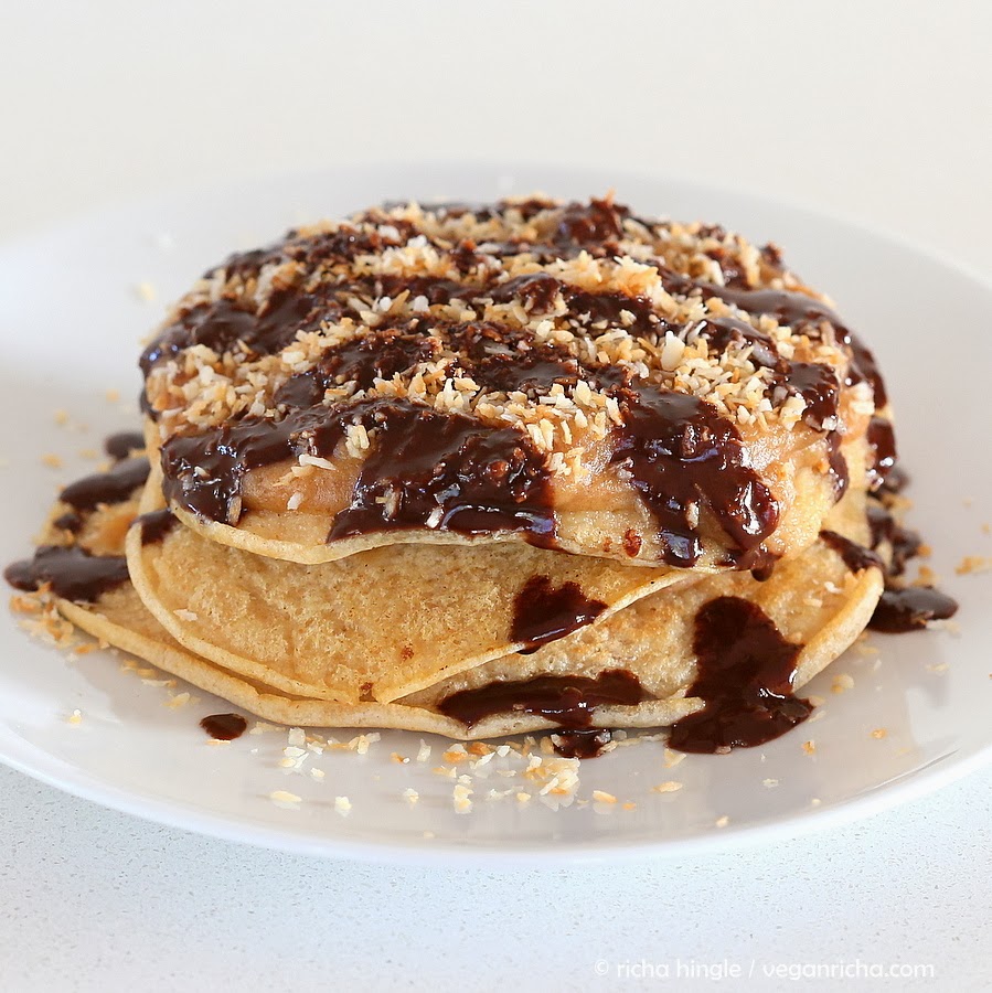 Vegan Samoa Cookie Pancakes with salted Date caramel, toasted coconut, chocolate drizzle. Weekend Brunch or breakfast. Can be gluten-free. | VeganRicha.com #vegan #breakfast #recipe