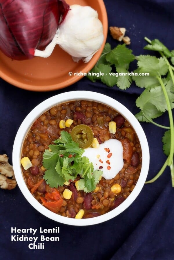 1 Pot Hearty Lentil Kidney Bean Chili. Warming Bowl of Lentil chili. Vegan Gluten-free Soy-free Nut-free Recipe.ย #vegan #glutenfree #veganricha
