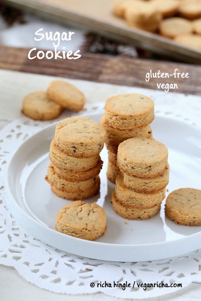 vegan sugar cookies gluten-free vegan sugar cookies made with coconut flour stacked on a white cookie platter