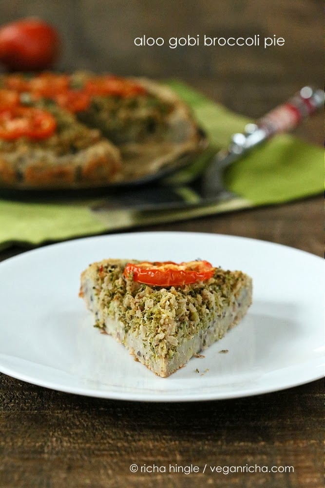 Cauliflower Broccoli Masala Pie with Black eyed Pea Potato Crust | VeganRicha.com #vegan #glutenfree #grainfree