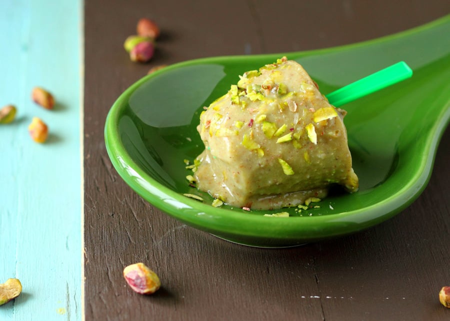 Creamy Pistachio Almond Cardamom Popsicle - Indian Pista Kulfi Dessert. Non Dairy Ice Cream. Vegan Gluten-free Soy-free Recipe.