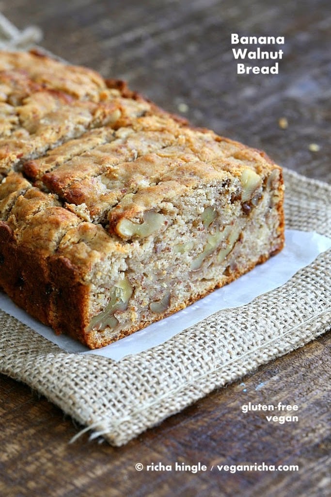 This gluten free Banana Bread makes a great breakfast. With walnuts. No added refined sugar, loads of banana, spices & goodness. Vegan Gluten free Banana Bread | VeganRicha.com
