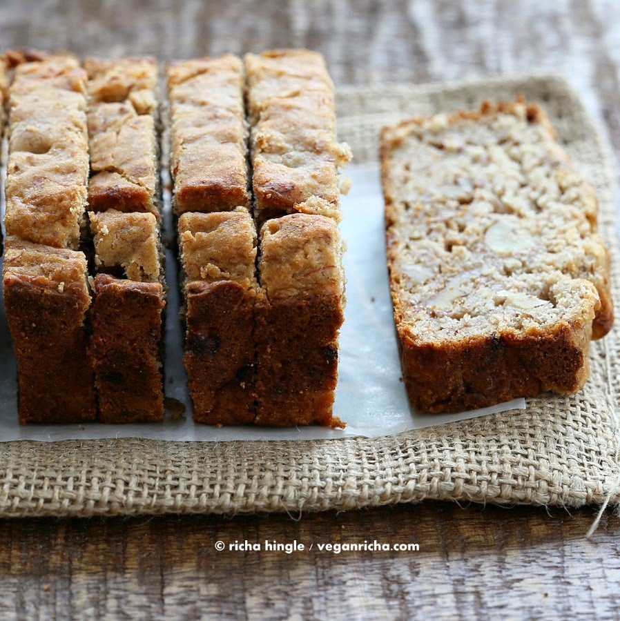 This gluten free Banana Bread makes a great breakfast. With walnuts. No added refined sugar, loads of banana, spices & goodness. Vegan Gluten free Banana Bread | VeganRicha.com
