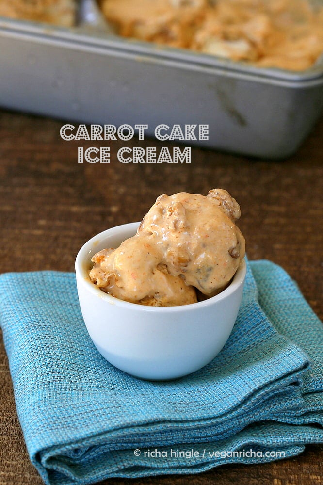 three scoops of Vegan Carrot Cake Ice cream in a small white ramekin