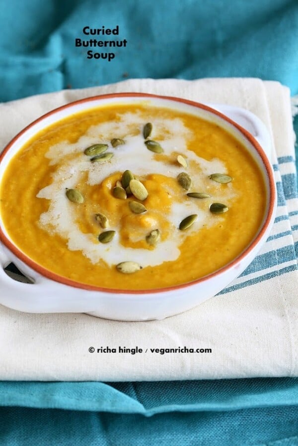 This Vegan curried Butternut Squash Soup is simple and quick. a dash of garam masala and cinnamony toasted coconut & pepitas. Vegan Gluten-free Soy-free Nut-free Serves 2 #vegan #glutenfree #veganricha