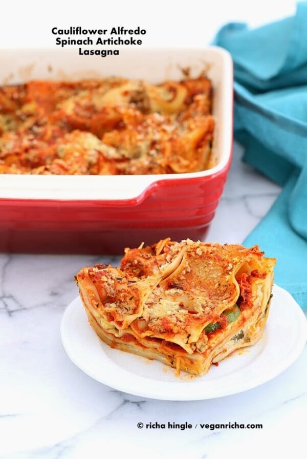 This Vegan Cauliflower Alfredo Lasagna is filled with Spinach, Artichokes, alfredo sauce, veggies and is a perfect main. Easy Creamy Cauliflower alfredo Sauce Recipe. Vegan Soy-free Nut-free. Makes 1 9 by 9 square lasagna pan. #vegan #glutenfree #veganricha