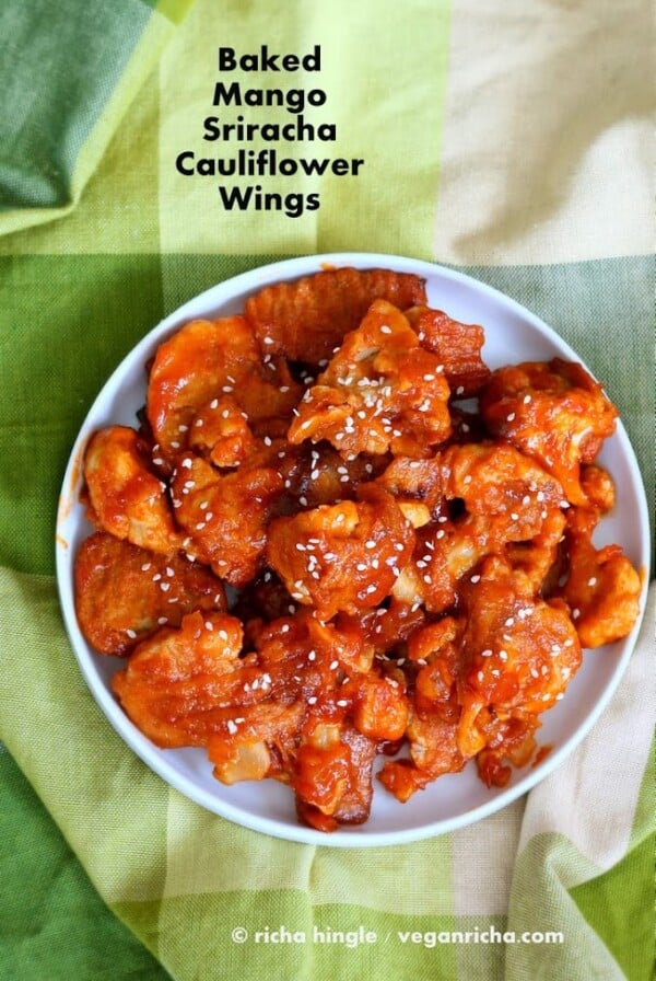 These Baked Mango Sriracha Cauliflower Wings are insanely delicious and easy. Make a triple batch for game Day! Vegan Soy-free #vegan #glutenfree #veganricha