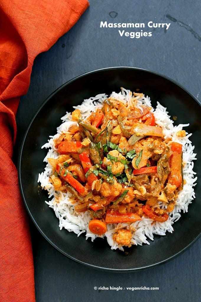 Massaman Curry Vegetables with from scratch Massaman curry sauce that has peanut butter, coconut milk, Thai Malay Spices and amazing flavor. Make this 30 minute vegan massaman curry. Vegan Gluten-free Soy-free Recipe