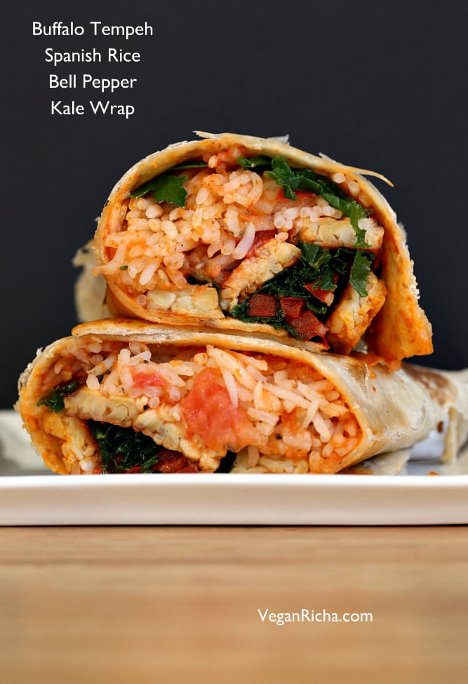 These Vegan Buffalo Tempeh Wrap s are paired with spanish rice, peppers and kale | VeganRicha.com