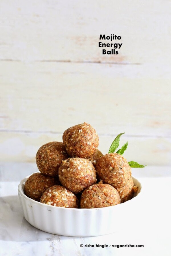 The best Mojito energy balls. With or without alcohol. How to make non-alcoholic Vegan Mojito Balls. Snack bites with Dates, lime zest, mint, nuts and seeds. Vegan Gluten-free Soy-free Recipe.ย #vegan #glutenfree #veganricha