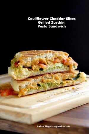 Cauliflower Cheddar, Pesto, Roasted Zuchini Sandwich #vegan #veganricha