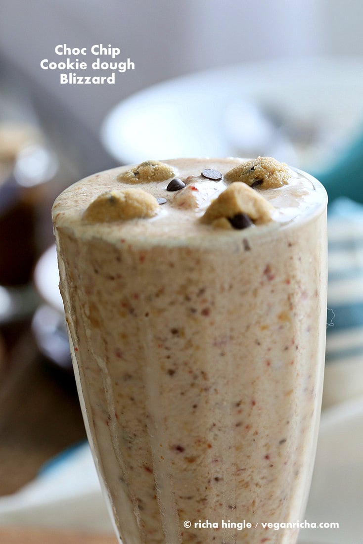Amazing Vegan Cookie Dough Blizzard ! No Bake gluten-free Cookie dough blended up with almond milk ice cubes, dates and vanilla! Serve with whipped coconut cream or cookie dough balls. Vegan Gluten-free Soy-free Recipe. Can be nut-free | Vegan Richa