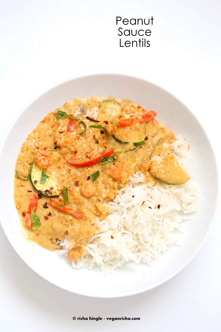 Veggies and Lentils in Peanut Sauce | Vegan Richa #vegan #glutenfree #protein Easy weeknight meal. Yes, add lentils to Thai Peanut Butter Sauce! Use other nut butters for variation