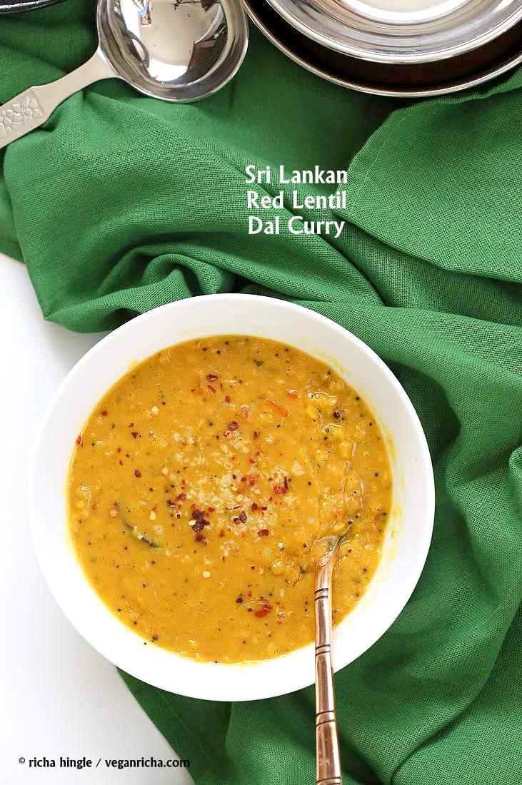 Sri Lankan Red Lentil Curry. Creamy Dal curry Spiced with fenugreek seeds, cinnamon, black peppercorns | https://VeganRicha.com #vegan #easy #glutenfree #soyfree #lentils #dal #recipe