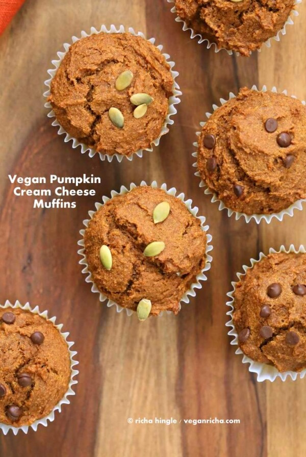 Vegan Pumpkin Cream Cheese Muffins | https://veganricha.com #pumpkin #fall #spices #vegan #breakfast #muffin These muffins have pumpkin puree, pumpkin pie spices, all whole grain flour and are filled with vegan cream cheese in the center! #glutenfree #veganricha #vegan
