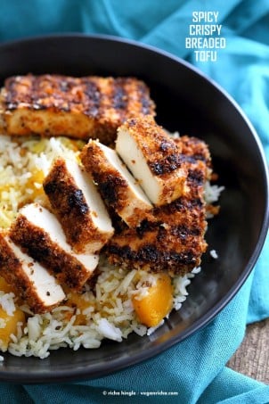 Spicy Crispy Breaded Tofu Strips. Marinated Tofu breaded and grilled or baked. Flavorful and easy. | VeganRicha.com #Vegan #Holiday #Side.