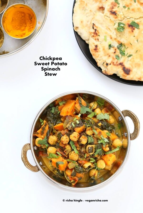Easy One Pot Chickpea Sweet potato Spinach Curry with Indian Spices. Use spices of choice, pumpkin or other squash and other beans. | VeganRicha.com #vegan #glutenfree #soyfree #recipe #veganricha