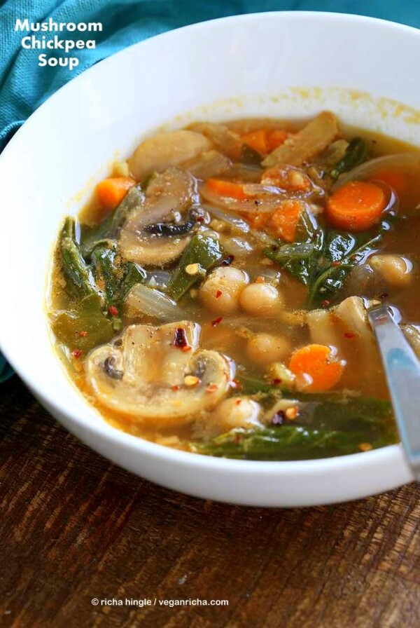 Mushroom Chickpea Soup with Veggies, greens. Winter Brothy soup with spices | VeganRicha.com #vegan #soup #glutenfree #veganricha