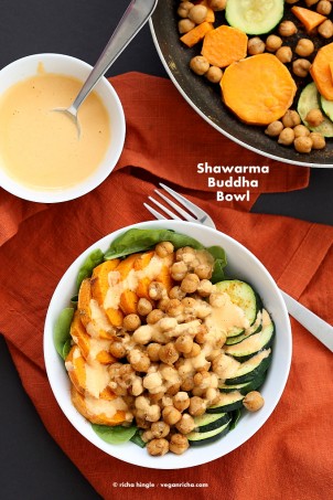 Shawarma Chickpea Sweet Potato Buddha Bowl w/ lemon tahini dressing | https://VeganRicha.com #vegan #glutenfree #soyfree #nutfree #recipe