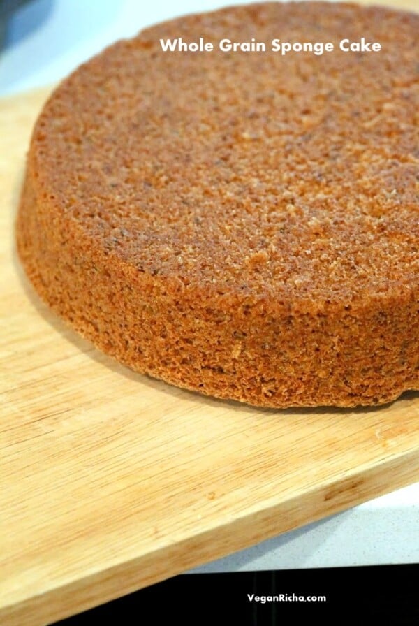 Vegan Sponge Cake Recipe . This Sponge Cake is whole grain, soft, moist and easy. Add vanilla or zest of choice. Makes amazing layer cakes. Makes two skinny 8 inch pans. Free of Dairy, egg, yeast, nut. Can be made corn-free. | VeganRicha.com #vegan #glutenfree #veganricha