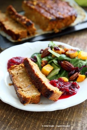 Chickpea Veggie Loaf with spices and a spicy bbq glaze. Chickpea Cannellini bean Veggie meat" loaf for Thanksgiving and the holidays. Easy and delicious. | VeganRicha.com #vegan can be #glutenfree