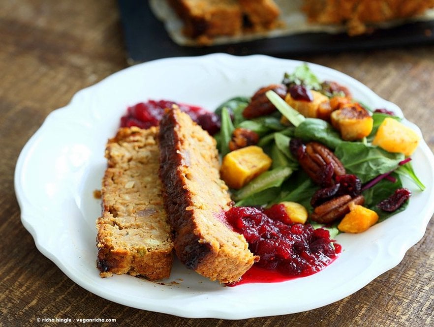 Chickpea Veggie Loaf with spices and a spicy bbq glaze. Chickpea Cannellini bean Veggie meat loaf for Thanksgiving and the holidays. Easy and delicious. | VeganRicha.com #vegan can be #glutenfree