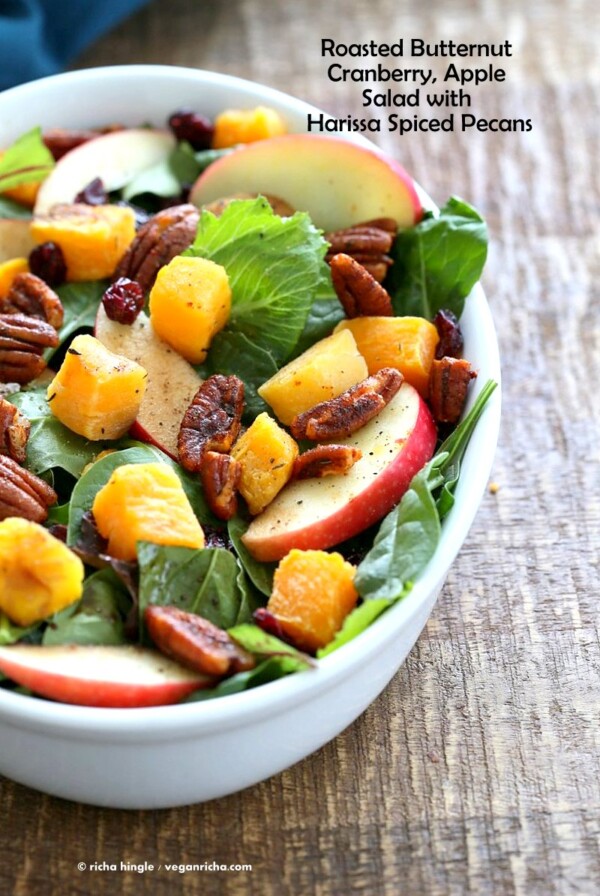 Roasted Butternut Squash Apple Cranberry Salad with harrissa Spiced Pecans. Easy Thanksgiving Salad. | VeganRicha.com #vegan #glutenfree #soyfree #recipe #veganricha