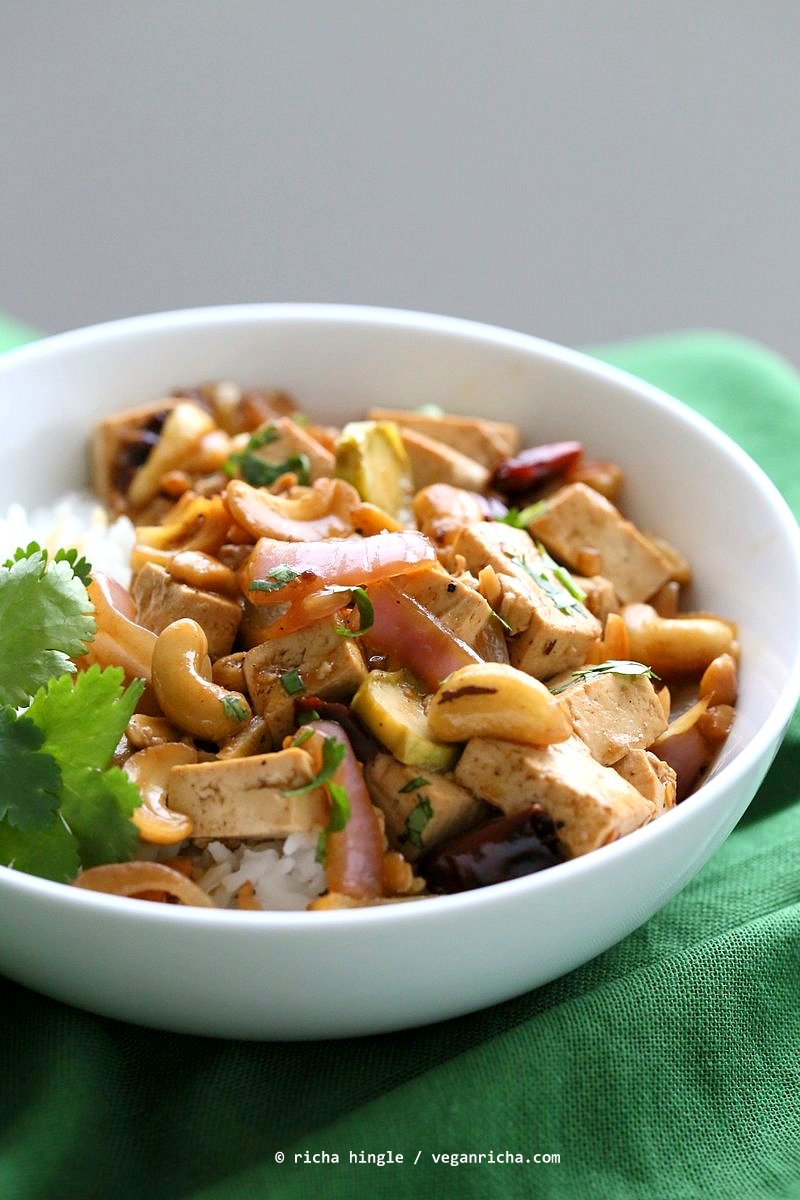 Cashew Tofu Stir Fry. Vegan Thai Cashew Delight Recipe with Tofu and Veggies. Easy One Pot weeknight meal. Serve with rice or grains of choice. VeganRicha.com Vegan gluten-free Recipe