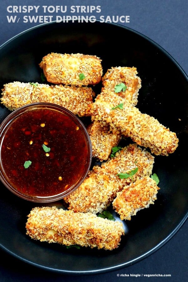 Crispy Tofu with Sweet Chili Sauce. Cruncy Crispy Breaded Tofu Strips with Sweet chili dipping sauce. Vegan Appetizer Recipe for Super bowl Gameday | VeganRicha.com #glutenfree #veganricha #vegan