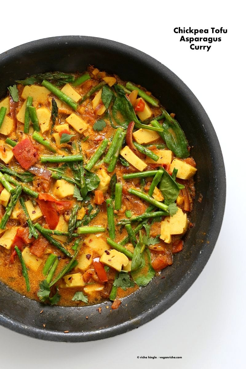Easy Asparagus Curry with Chickpea Tofu and Indian Spices and tomato sauce. Indian Vegan Gluten-free Soy-free Recipe. Serve with Rice or flatbread. | VeganRicha.com