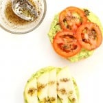 Avocado Bagels with Pears and Tomatoes and Mediterranean Oregano Garlic Olive Oil Dressing Bagel Avocado Toast. Easy Vegan Snack or Breakfast. | VeganRicha.com #glutenfree #veganricha #vegan