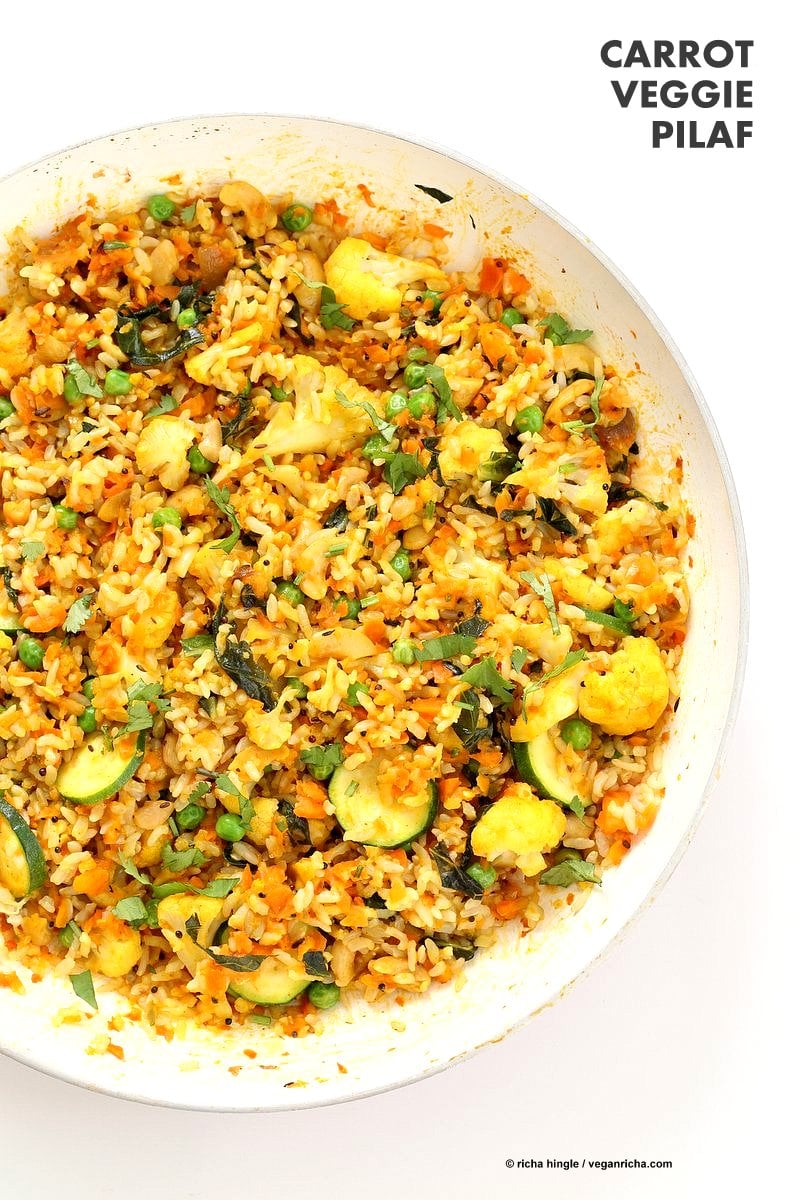 Vegetable Carrot Fried Rice with Indian spices. Carrot Veggie Brown Rice Pilaf. Colorful flavorful side for Easter or Holidays. #Vegan #Glutenfree #Soyfree #Recipe | VeganRicha.com
