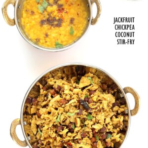 Fanasachi Bhaji - Maharashtrain Jackfruit Brown Chickpea Coconut Stir fry with coconut, sesame, Indian spices. Vegan Gluten-free Soy-free Side Recipe.| VeganRicha.com #glutenfree #veganricha #vegan