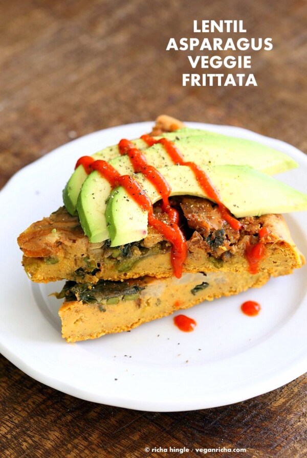 Lentil Veggie Asparagus Frittata. Blended red lentils make the egg in this lentil frittata filled with Spring vegetables. Easy Vegan Gluten-free Soy-free Recipe | VeganRicha.com #glutenfree #veganricha #vegan