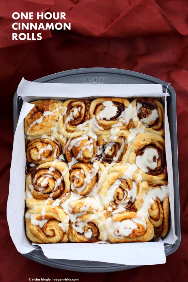 Easy Homemade 1 hour Cinnamon Rolls. Vegan Cinnamon Rolls with Cashew cream frosting. Ready in 60 minutes. Vegan Soy-free Palm Oil free Breakfast Recipe | VeganRicha.com #vegan #glutenfree #veganricha