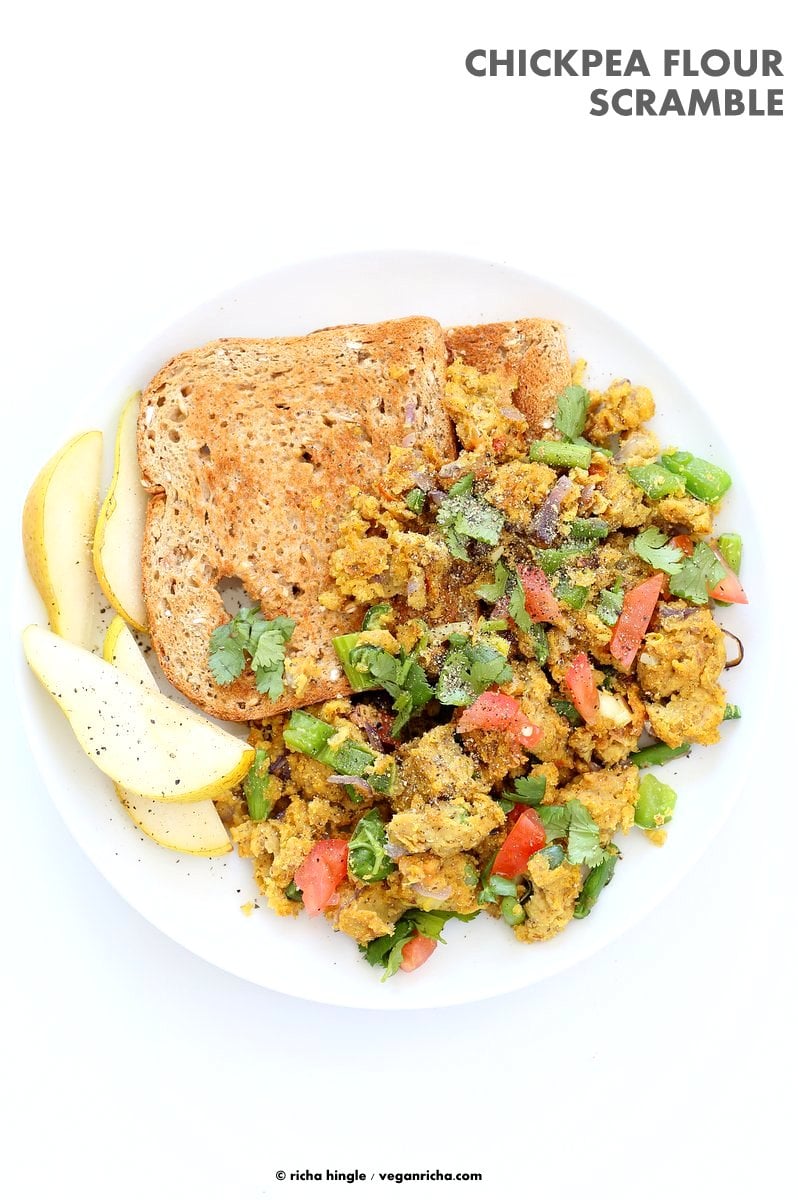 Easy Chickpea flour Scramble. Soy-free Breakfast Scramble with veggies. Make with lentil flour or lentil batter for variation. Vegan Gluten-free Recipe | VeganRicha.com