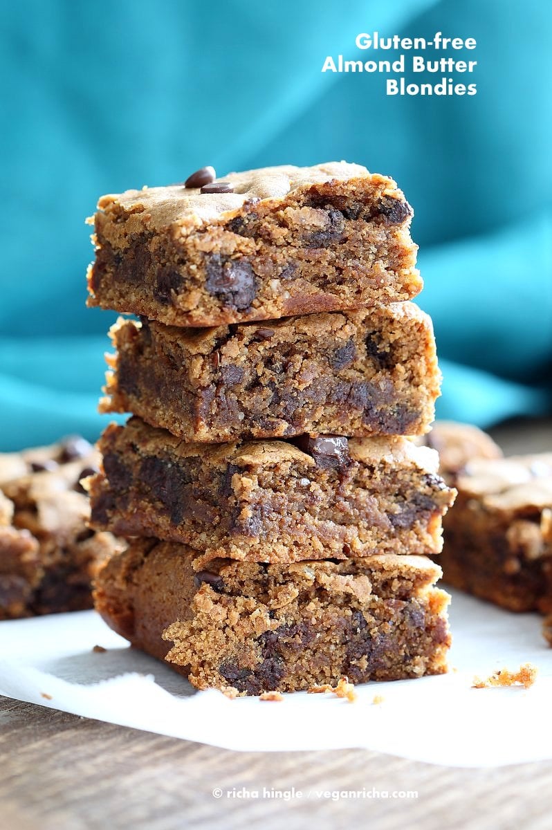 Gluten free Almond Butter Blondies with Chocolate Chunks and Chocolate Chips. GlutenFree Blondies Vegan Blonde Brownies. Peanut Butter Blondies. #vegan #glutenfree #Soyfree #Recipe | VeganRicha.com 
