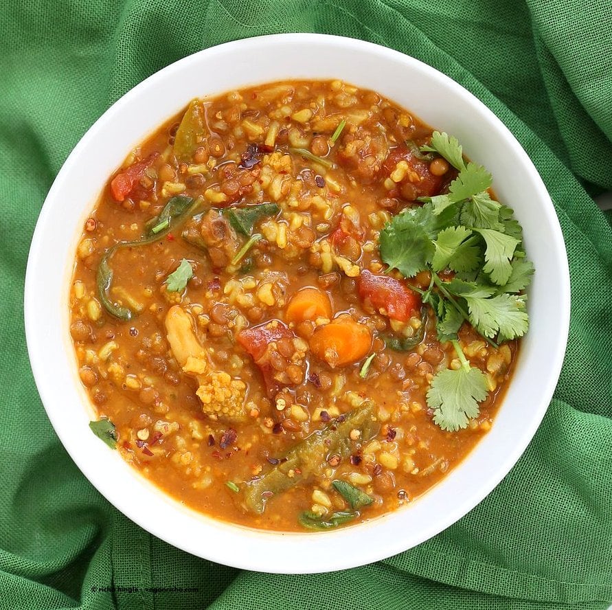 Lentil Brown Rice Soup. Easy 1 pot Lentil Rice Soup with Spinach or greens of choice. 20 minutes active time then let everything simmer. Serve with crackers, papadum or grilled vegan cheese sandwiches. Vegan Gluten-free Soy-free Recipe | VeganRicha.com