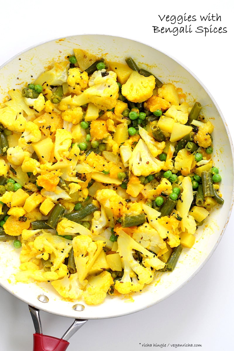 Bengali Mixed Veggies - Charchari Recipe. Cauliflower Potato Green Beans Peas with Bengali (Eastern Indian) Spices. Panch Phoron Phulkopi Recipe. Easy Veggie Side. #Vegan #Glutenfree #Soyfree #Indian #Recipe. | VeganRicha.com