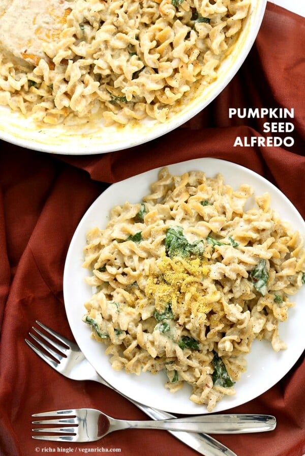 Pumpkin Seed Alfredo Fusilli. Nut-free Vegan Alfredo Recipe. Easy cashew free alfredo sauce with pasta. Vegan Recipe | VeganRicha.com #vegan #glutenfree #veganricha