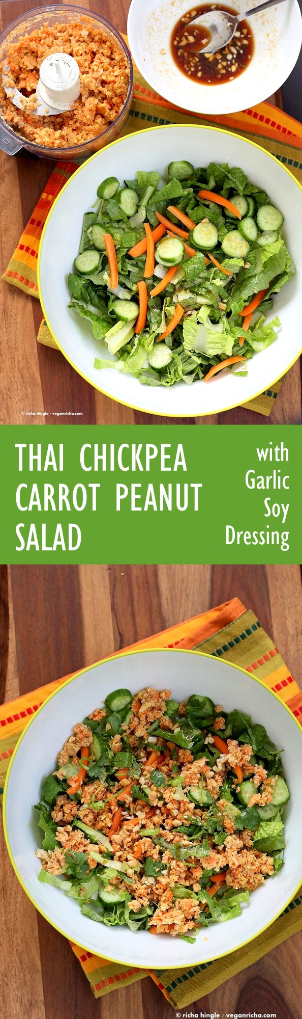 Thai Salad with Chickpea Carrot Crumble & Garlic Sesame Soy Sauce Dressing. Crunchy Summer Salad with Ginger Chickpea Carrot crumble and garlicky dressing. Use lentils for variation. Add roasted peanut or other nuts. Vegan Gluten-free Recipe | VeganRicha.com